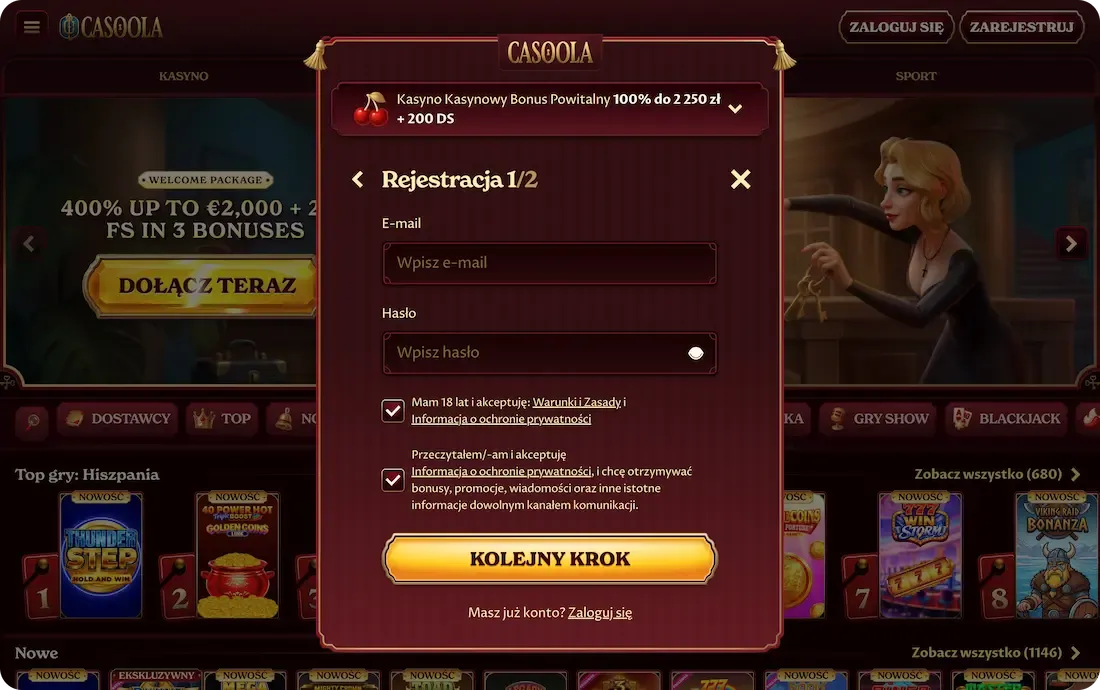 rejestracja w kasynie casoola